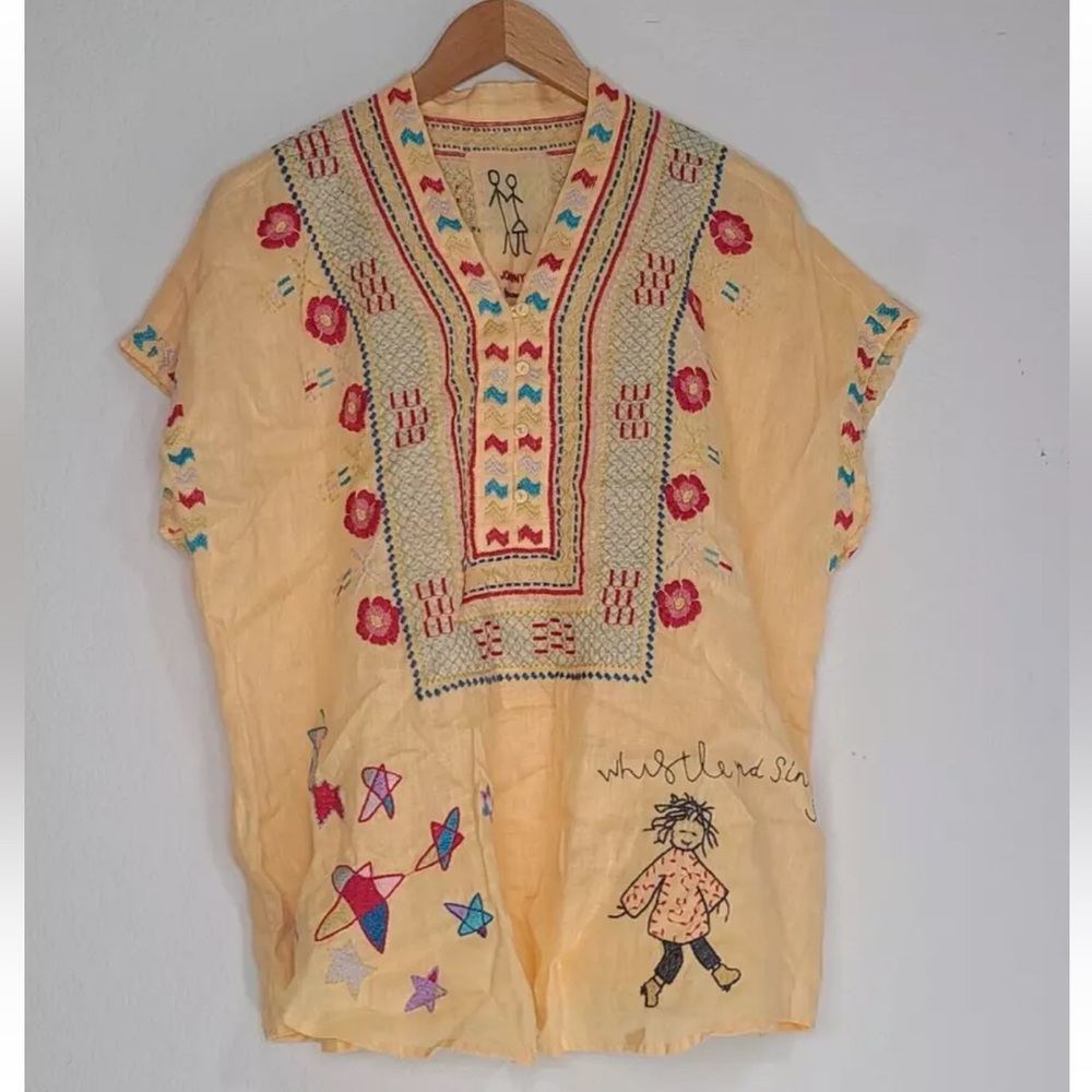 Johnny Was Nandi Linen Blouse Embroidered V-neck Sleeveless Top Yellow Size XS
